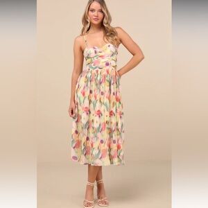 Aleyna Yellow Abstract Pleated Lace-Up Bustier Midi Dress